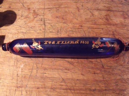 rare crimean war naval bristol blue glass friendship rolling pin