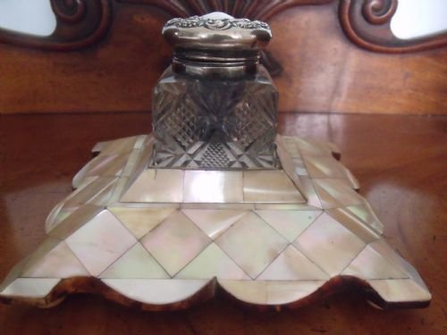 fine victorian mop tortoishell silver mounted ladies desk ink stand