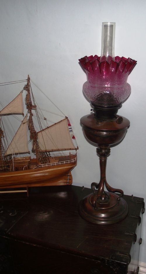 superb c1890 art nouveau oil lamp cranberry shade