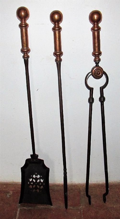 fine set c1840 copper steel fire irons fire tools