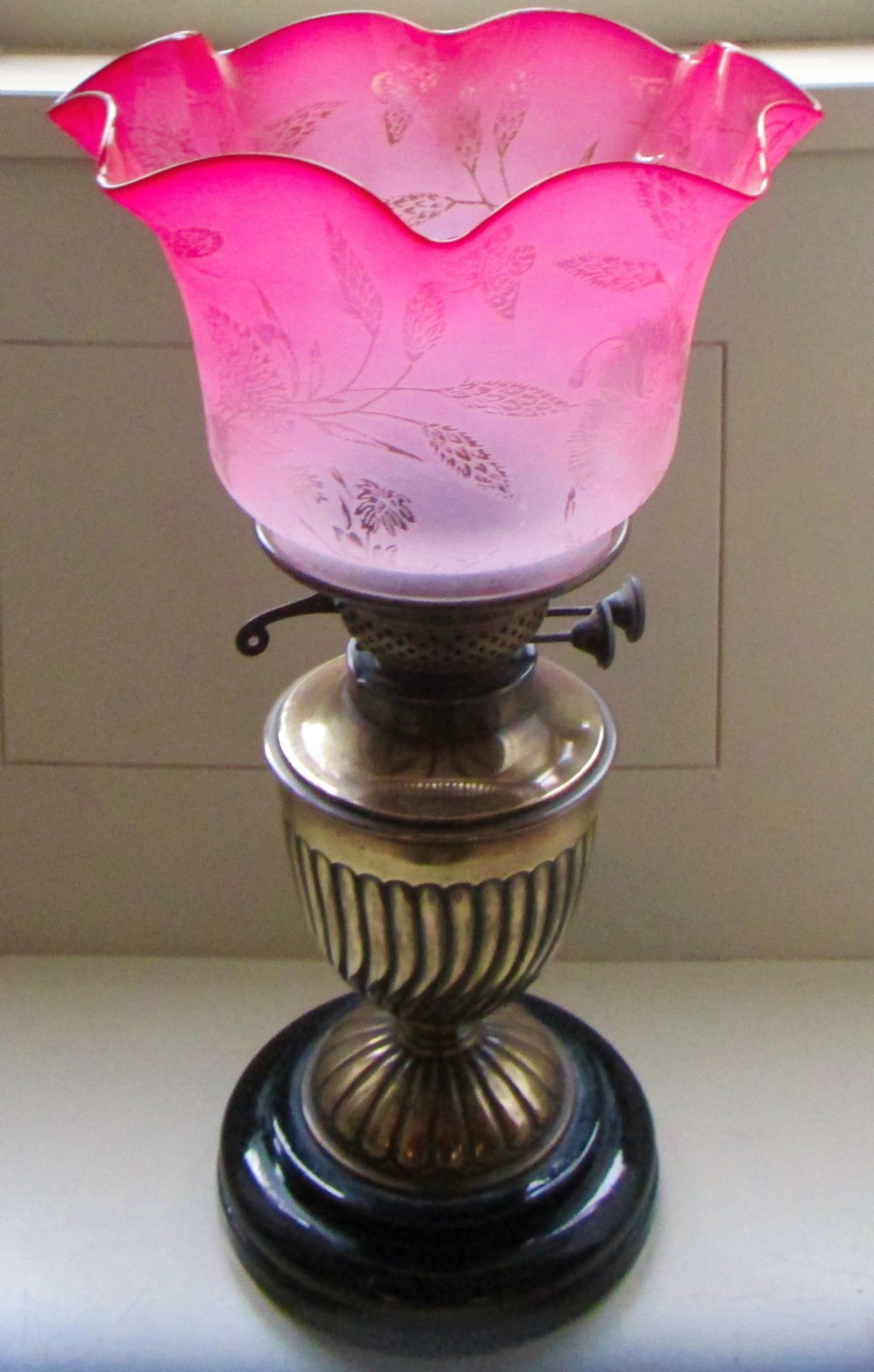victorian oil lamp with cranberry shade