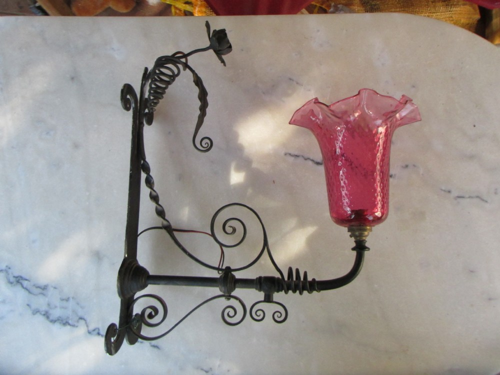 good c1900 wrought iron cranberry glass light