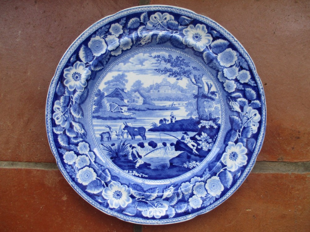 good c19th blue white transfer print plate unusual pattern