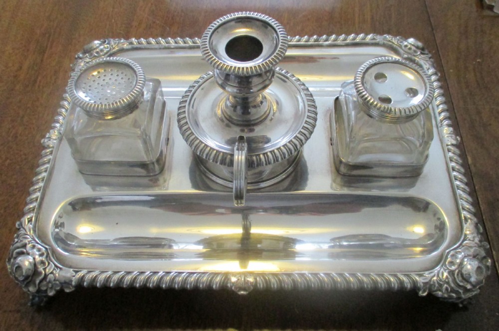 fine c1840 sheffield silver plate desk standish ink well